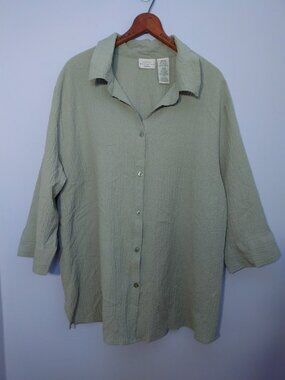 White Stag Sage Green Crinkle Gauze Button Up Blouse 22W  Vintage Coastal Casual